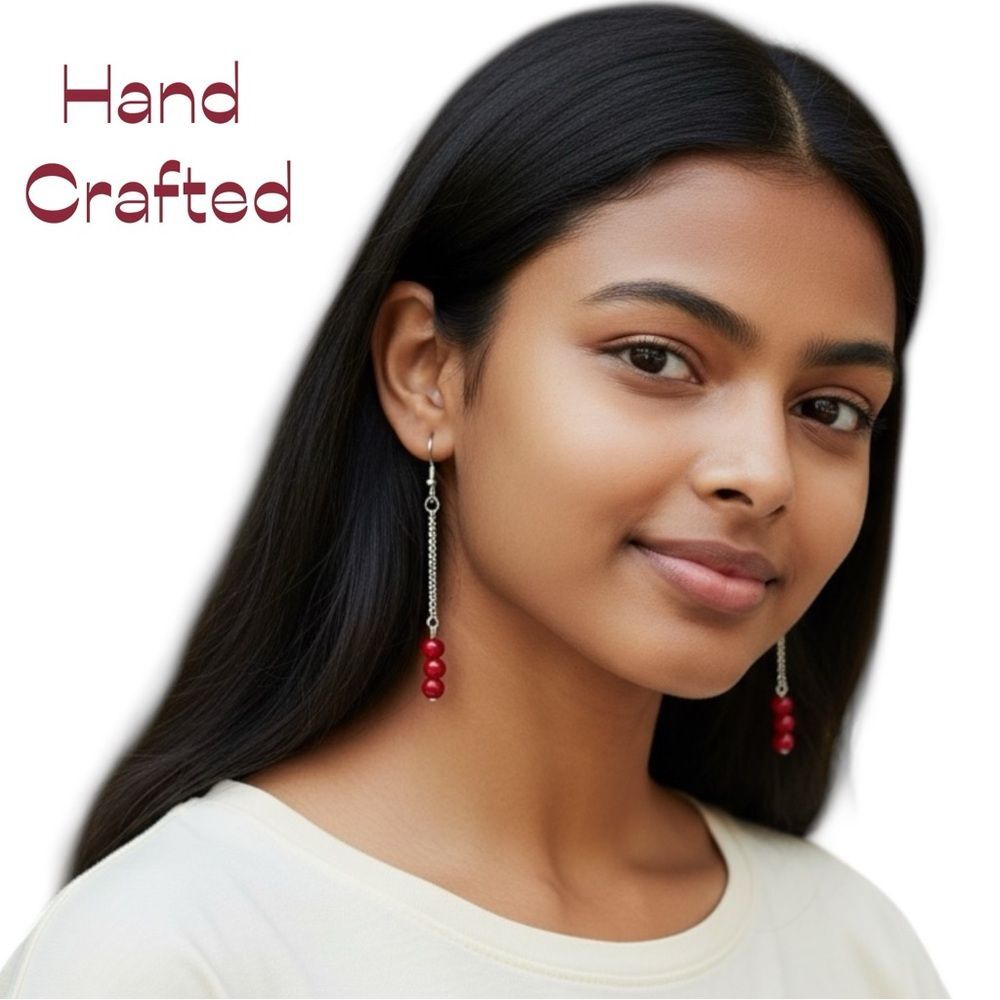 HandCrafted Red Coral W Silver Chain Earrings NWT